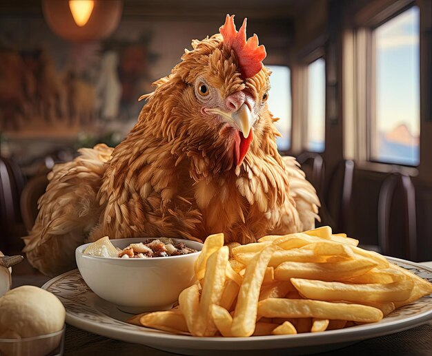 un pollo está sentado en un plato blanco y servido con papas fritas al estilo digital