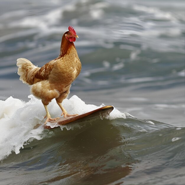 un pollo está surfeando en una ola en el océano