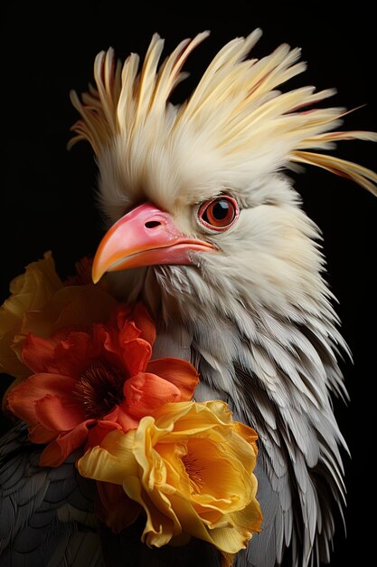 un pollo con una flor en el cabello