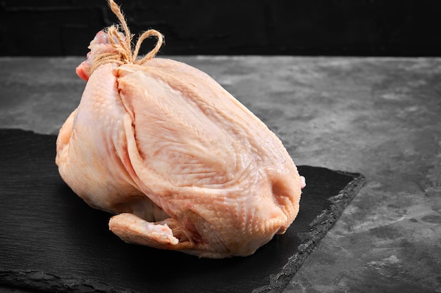 Pollo fresco crudo sobre un fondo de hormigón oscuro. Concepto de comida