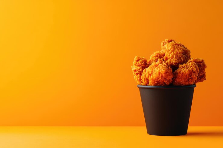 Pollo frito crujiente en un cubo negro sobre un fondo naranja