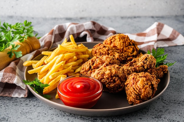 Pollo frito crujiente con papas fritas doradas deliciosa comida rápida estadounidense caliente y crujiente