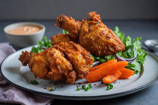 Pollo frito crujiente en un plato con ensalada y zanahoria