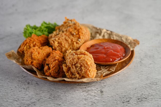 Pollo frito crujiente en un plato con salsa de tomate enfoque selectivo