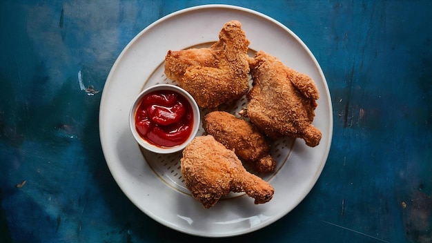 Pollo frito y crujiente en un plato con salsa de tomate