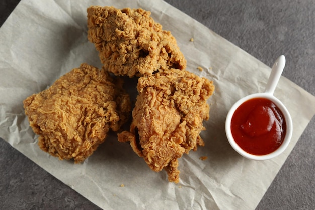 pollo frito crujiente con salsa de tomate con fondo negro