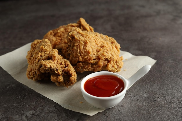 pollo frito crujiente con salsa de tomate con fondo negro