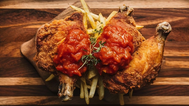 Foto pollo frito y crujiente en una tabla de cortar con salsa de tomate