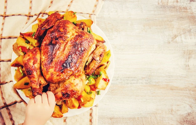 Pollo frito. Día de Gracias. Enfoque selectivo de la carne