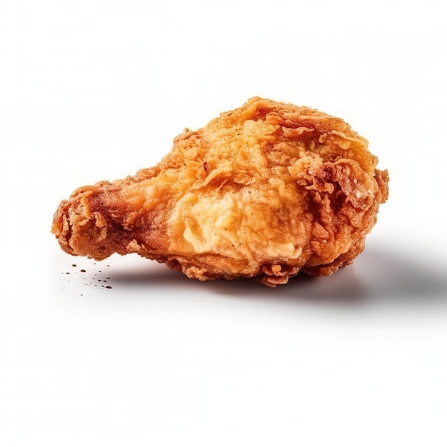 Un pollo frito está acostado de lado.