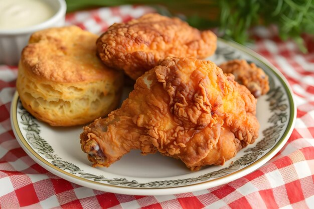 Foto pollo frito y galletas con mantequilla