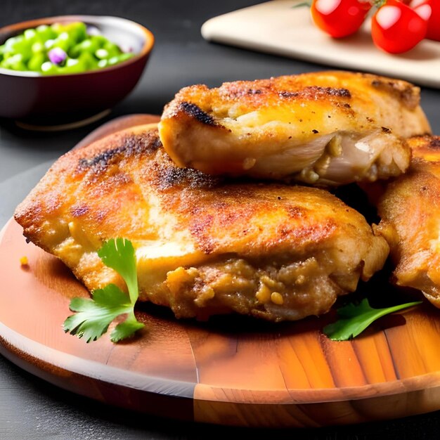 Foto el pollo frito más delicioso en un plato de madera