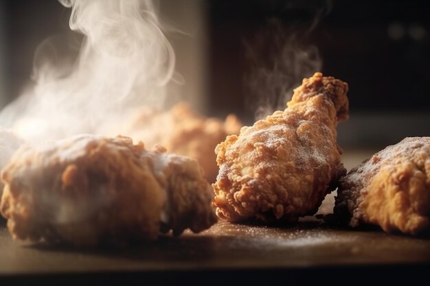 Pollo frito en una mesa de madera con humo saliendo