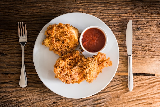 pollo frito en la mesa de madera