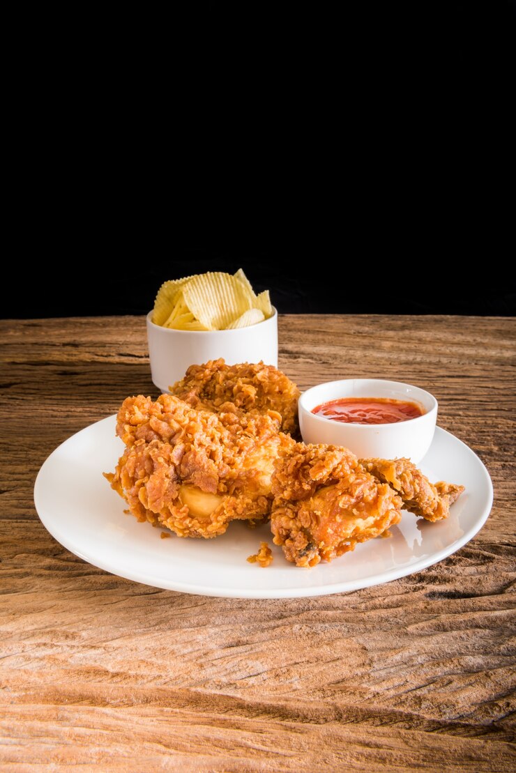 pollo frito en la mesa de madera