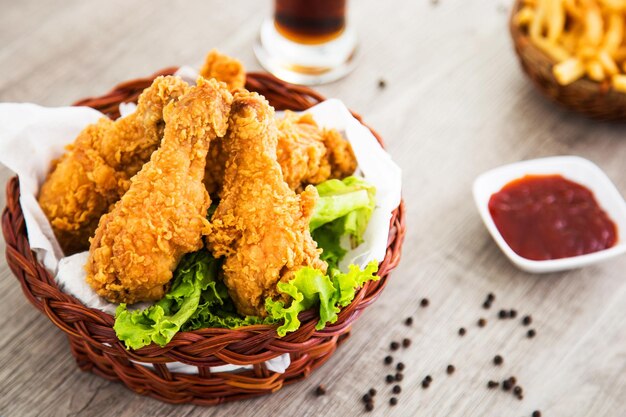 Foto pollo frito con palillo de tambor sobre fondo de madera