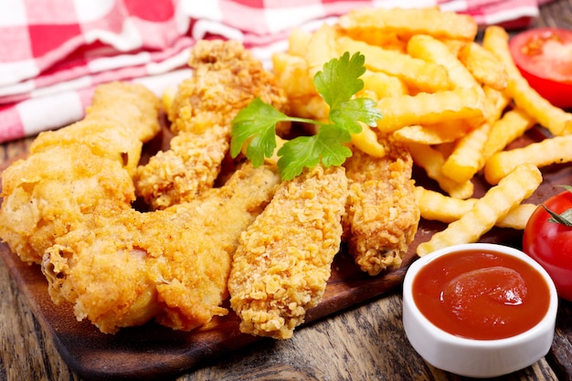 Pollo frito y papas fritas en una mesa de madera