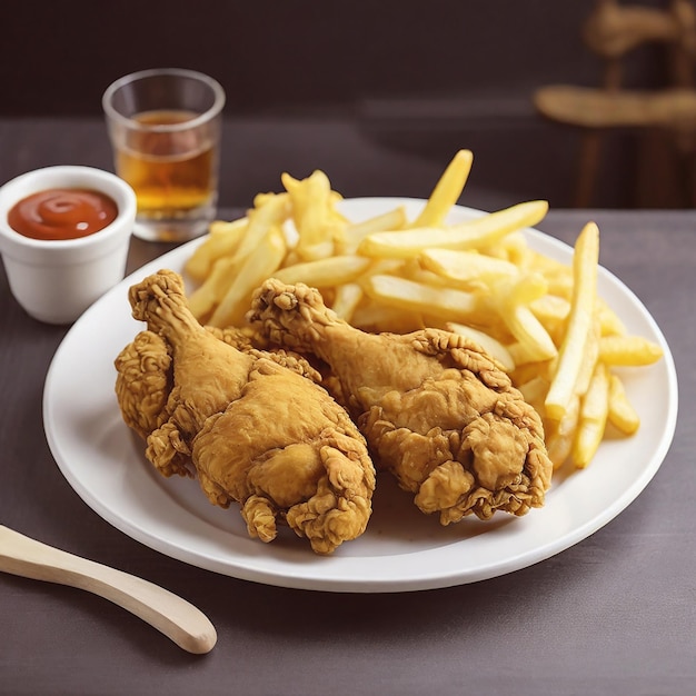 Pollo frito y papas fritas en un plato blanco