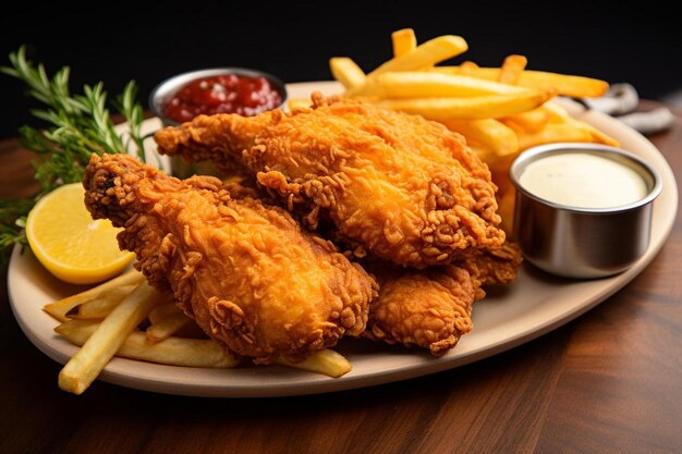 Pollo frito y papas fritas en un plato con una taza de ketchup.