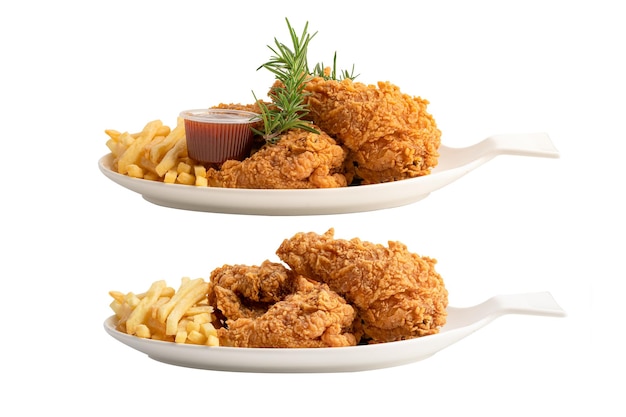 Pollo frito y papas fritas servidos en plato blanco aislado en fondo blanco con trazado de recorte Comida chatarra alta en calorías