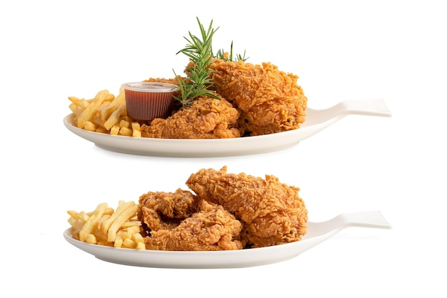 Pollo frito y papas fritas servidos en plato blanco aislado en fondo blanco con trazado de recorte Comida chatarra alta en calorías