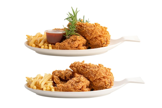 Pollo frito y papas fritas servidos en plato blanco aislado en fondo blanco con trazado de recorte Comida chatarra alta en calorías