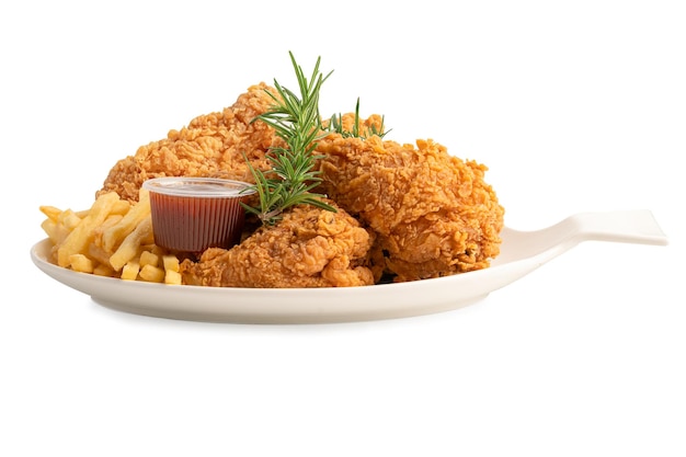 Pollo frito y papas fritas servidos en un plato blanco aislado sobre un fondo blanco comida chatarra alta en calorías