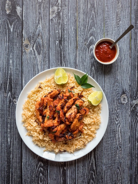 Pollo frito picante con arroz basmati. Plato del sur de la India