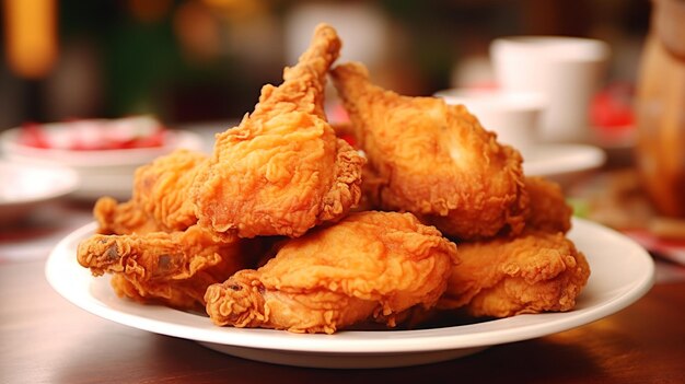 pollo frito en un plato blanco con fondo festivo borroso