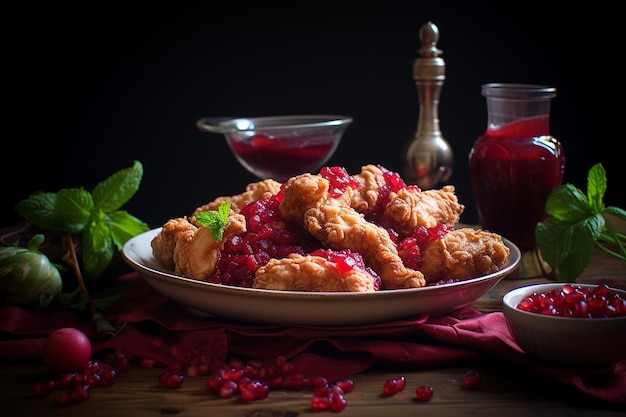 Pollo frito con una salsa de granada picante