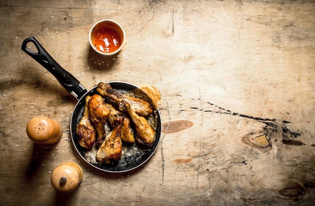 Pollo frito con salsa de tomate. Sobre una mesa de madera.