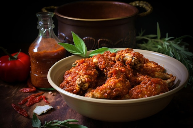 Pollo frito y salsa de tomate.