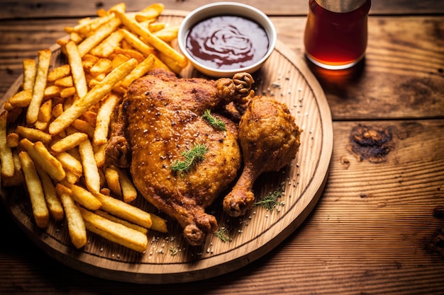 Pollo frito servido en una mesa de madera con patatas fritas y salsa