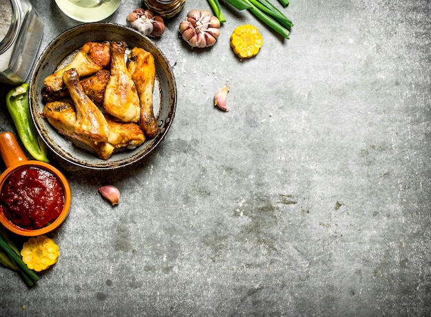 Pollo frito con verduras y salsa de tomate sobre un fondo de piedra