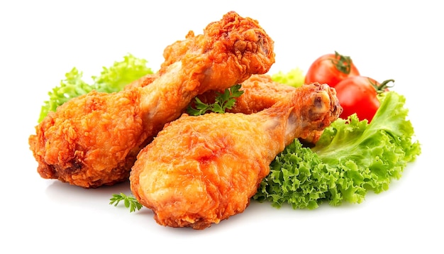 Pollo frito con verduras sobre un fondo blanco