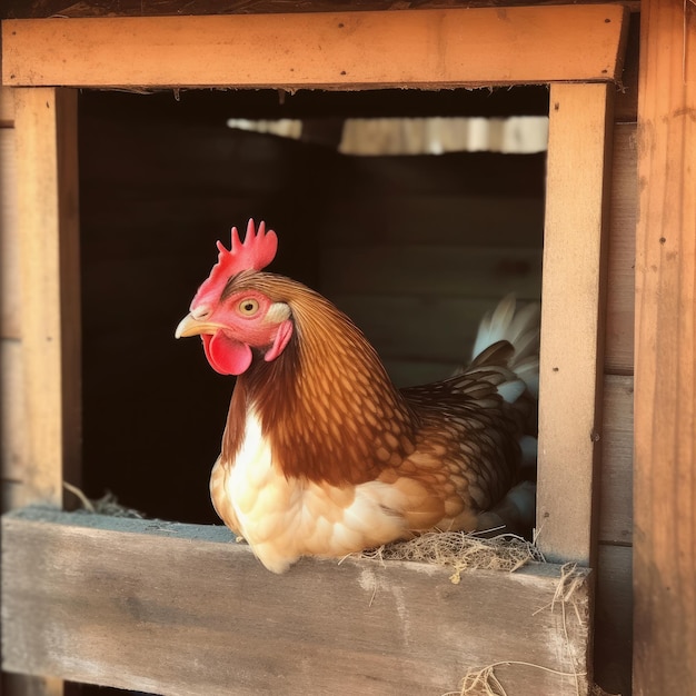 Un pollo en un gallinero con un peine rojo.