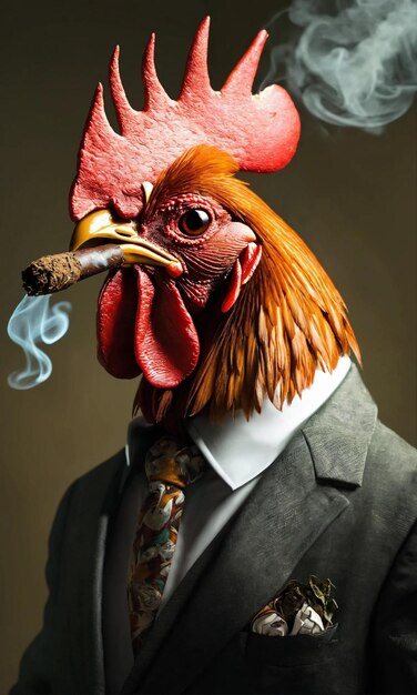 Foto un pollo con un gallo en la cabeza y un cigarro en la boca