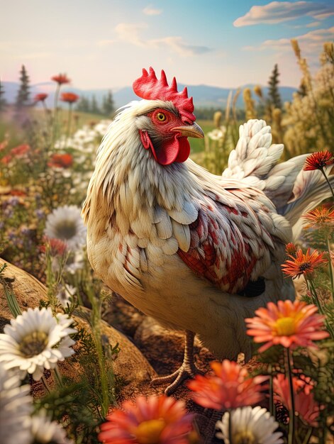 un pollo con un gallo rojo en la cabeza se encuentra en un campo de flores