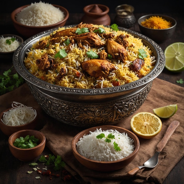 Foto pollo gourmet biryani con arroz basmari