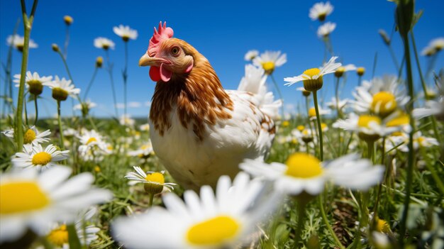 Foto un pollo grande se encuentra en un prado lleno de margaritas