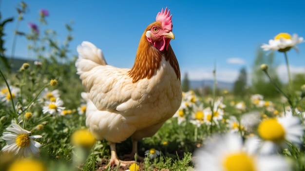 un pollo grande se encuentra en un prado lleno de margaritas