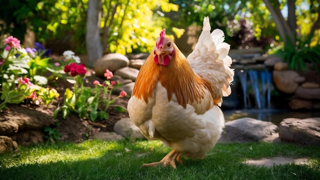 Un pollo hermoso en el jardín.