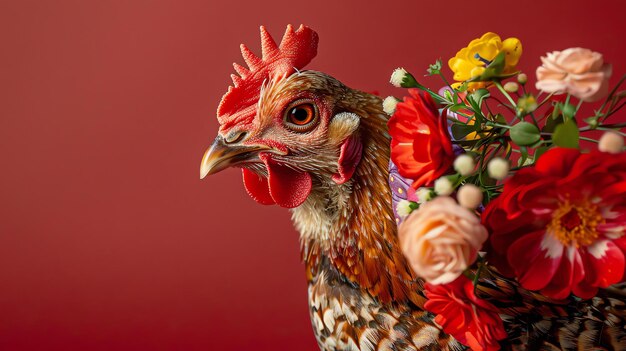 Foto un pollo hermoso con un peine rojo y plumas está de pie frente a un fondo rojo