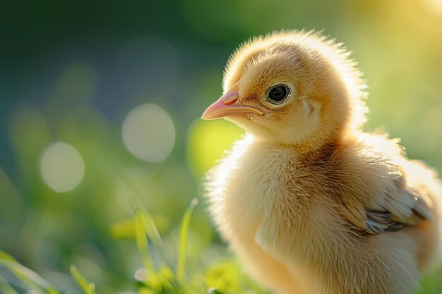 El pollo en la hierba iluminada por el sol