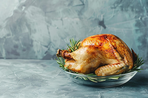 Pollo horneado en vidrio en la mesa gris