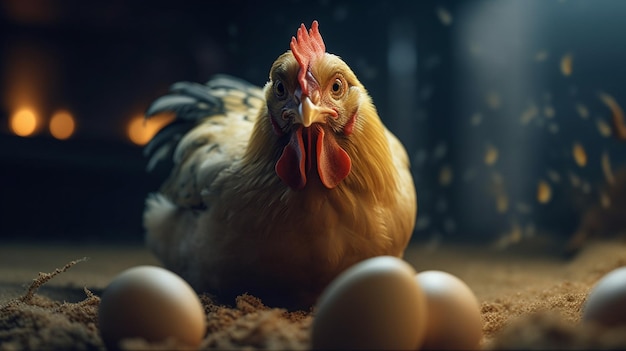 Pollo y huevos de Pascua en el nido Semana Santa concepto generativo ai