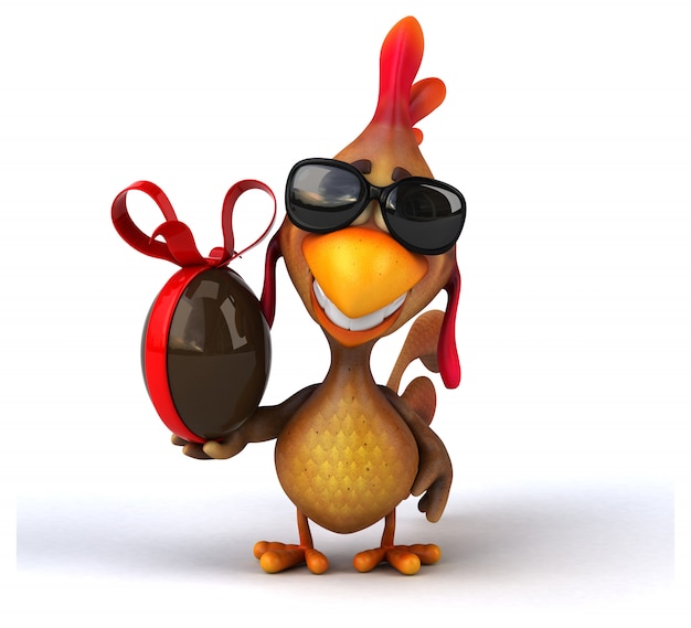 Pollo ilustrado divertido que sostiene un huevo de pascua de chocolate con gafas de sol