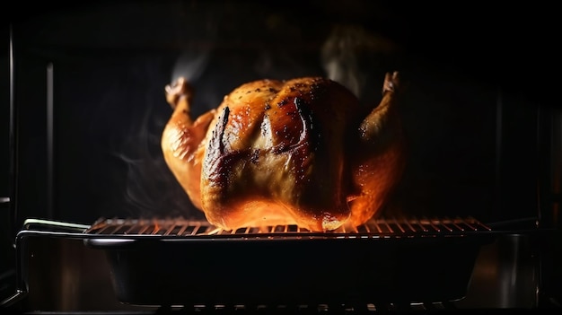 Pollo jugoso sazonado a la parrilla en la deliciosa barbacoa con fondo de fuego y humo Pollo a la parrilla asado en la barbacoa