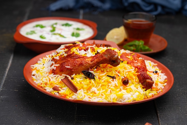 Pollo Mandi Biryani con raita como guarnición dispuesta en una loza