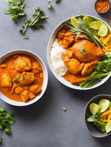 pollo a la mantequilla con arroz en la mesa